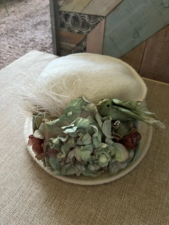 Cream Felt Cloche Hat with Floral Trim - Picture 2 of 9